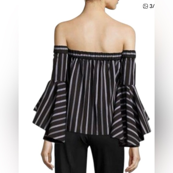 $325 Milly Ines Black and White Stipe Off-the-Shoulder Bell Sleeve Blouse - Picture 3 of 7